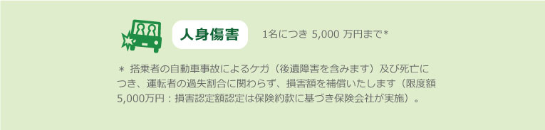 【保険・補償】人身傷害　1名につき5,000万円まで　搭乗者の自動車事故によるケガ（後遺障害を含みます）及び死亡につき、運転者の過失割合に関わらず、損害額を補償いたします（限度額5,000万円：損害認定額認定は保険約款に基づき保険会社が実施）